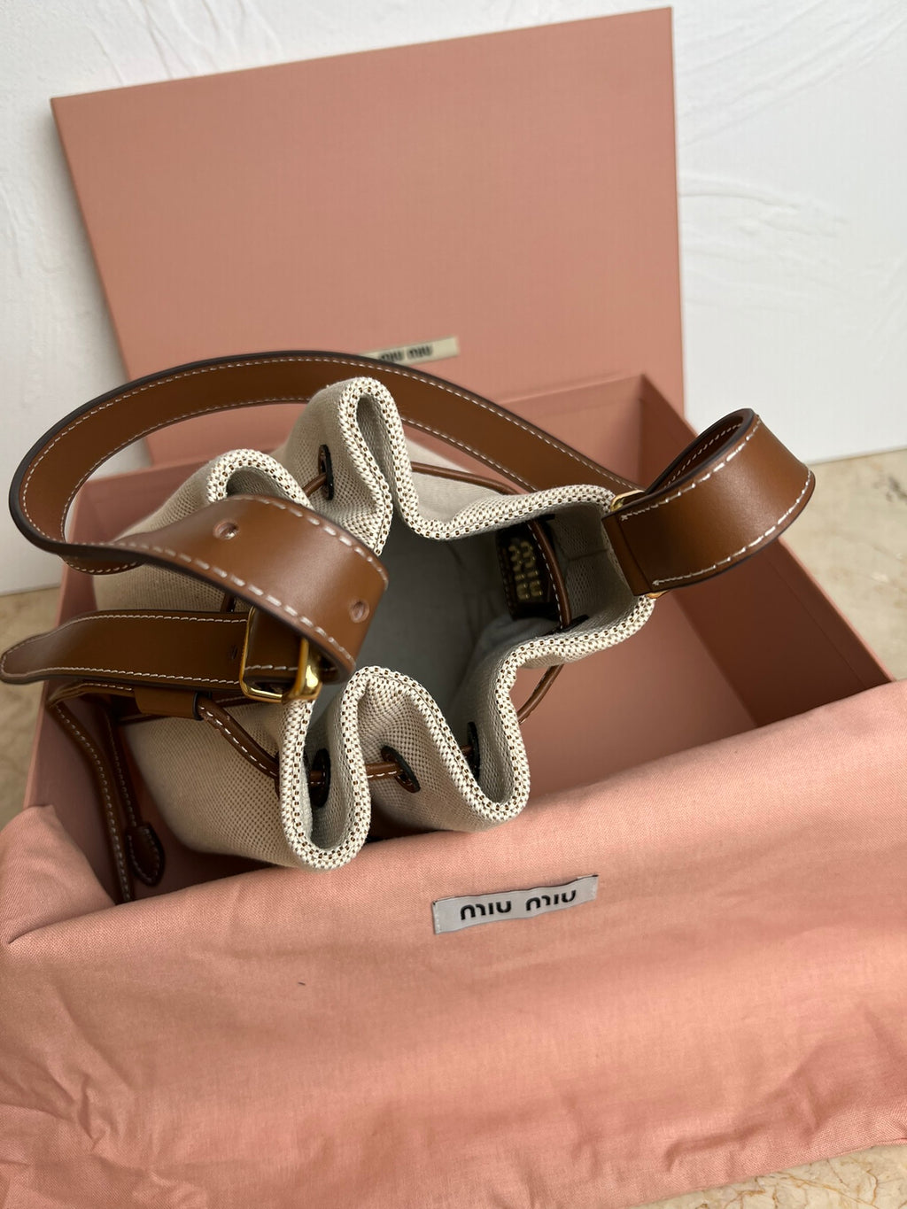 Beige/Brandy Canvas & Leather Bucket Bag