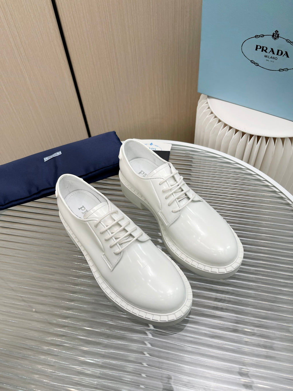 White brushed-leather derby shoes