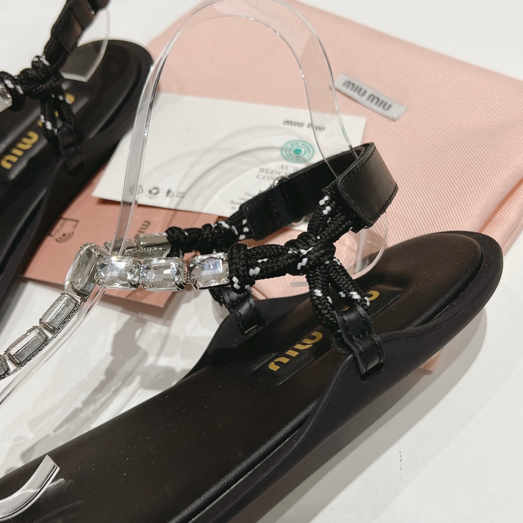 Crystal/Black Cotton Cord Thong Sandals