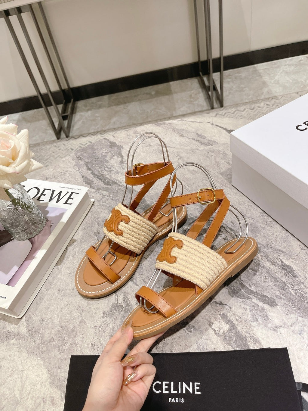 Beige & Tan CL Flat Strap Sandal