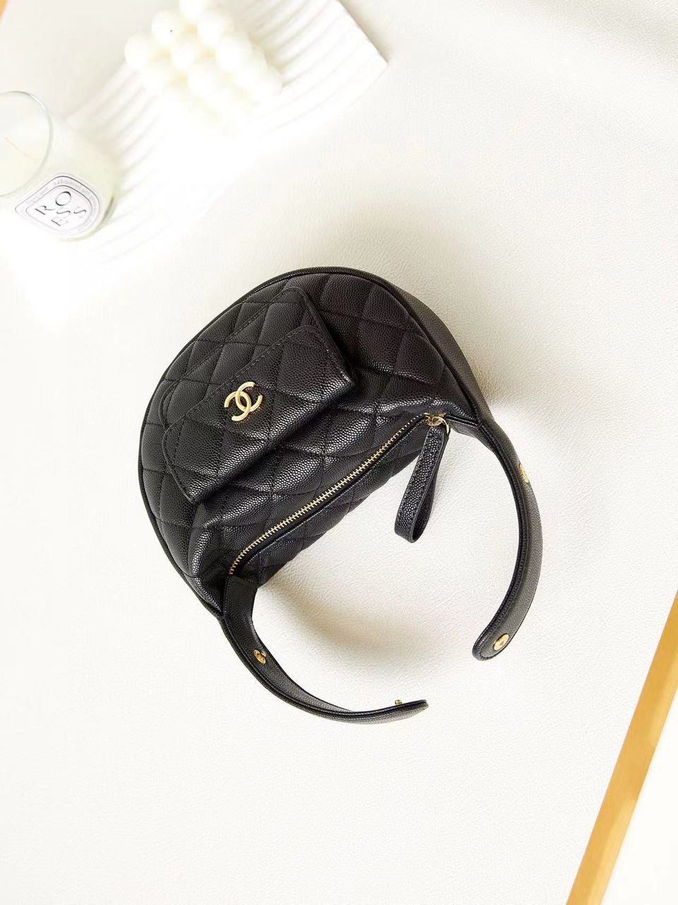 Black Caviar Quilted Pouch Pocket Hobo Bag