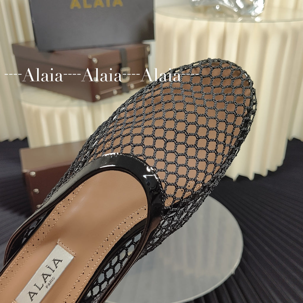 Black Flat Mules In Fishnet