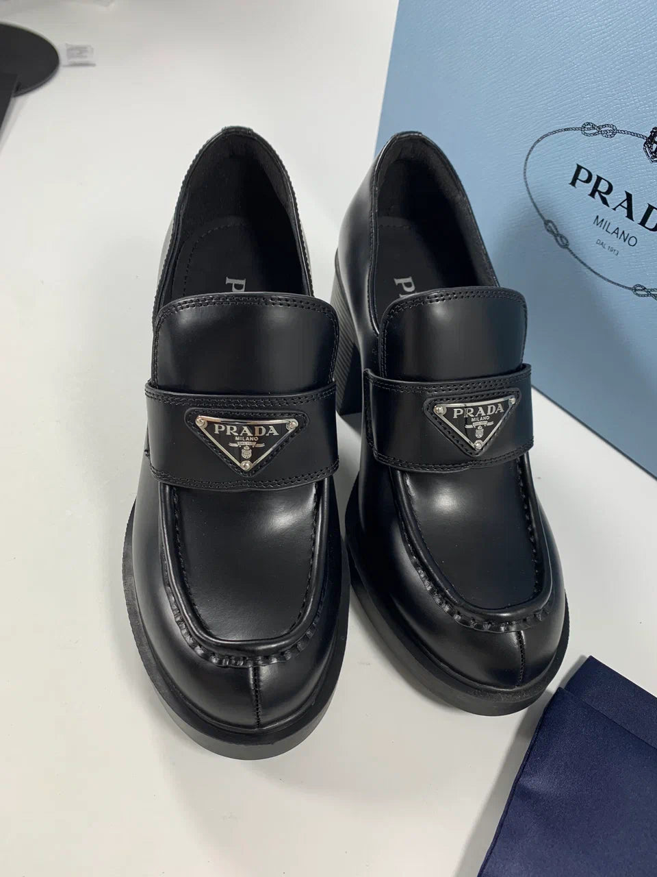 Black PC high-heeled brushed leather loafers