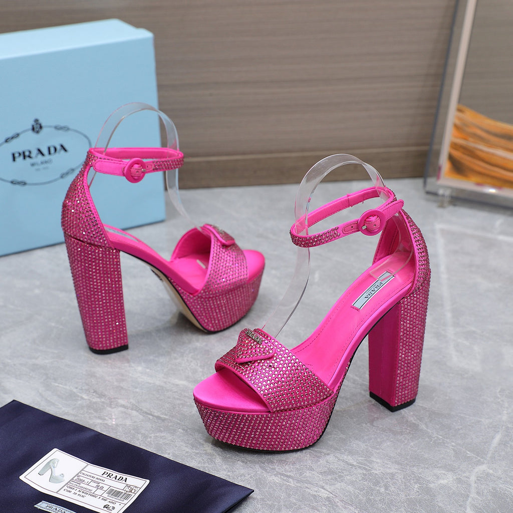Pink Satin Platform Sandals With Crystals
