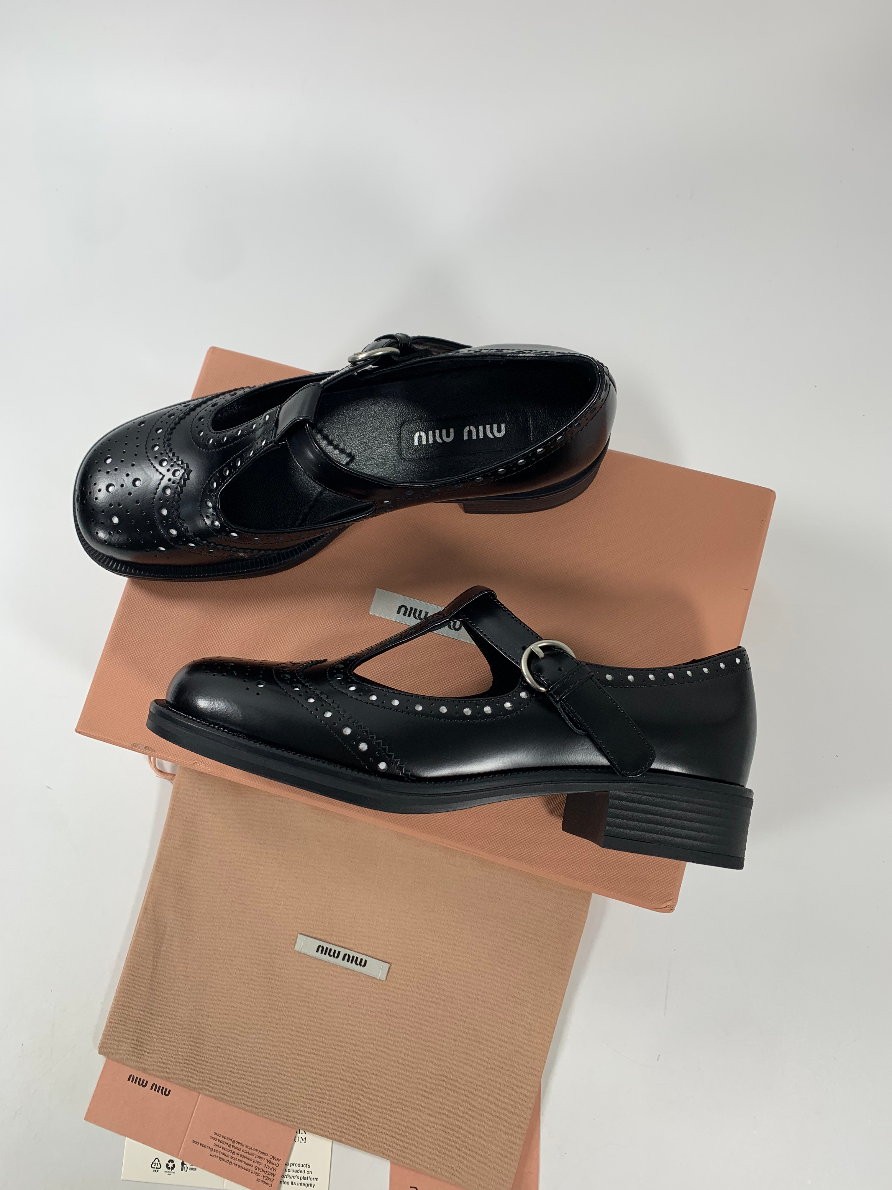 Black Brushed Leather T-Strap Brogue Shoes