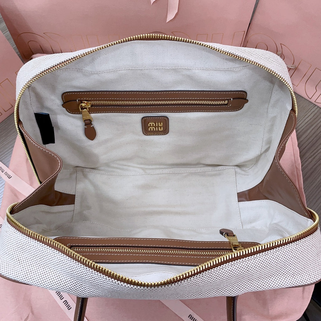 Beige/Brandy Canvas Top-Handle Bag