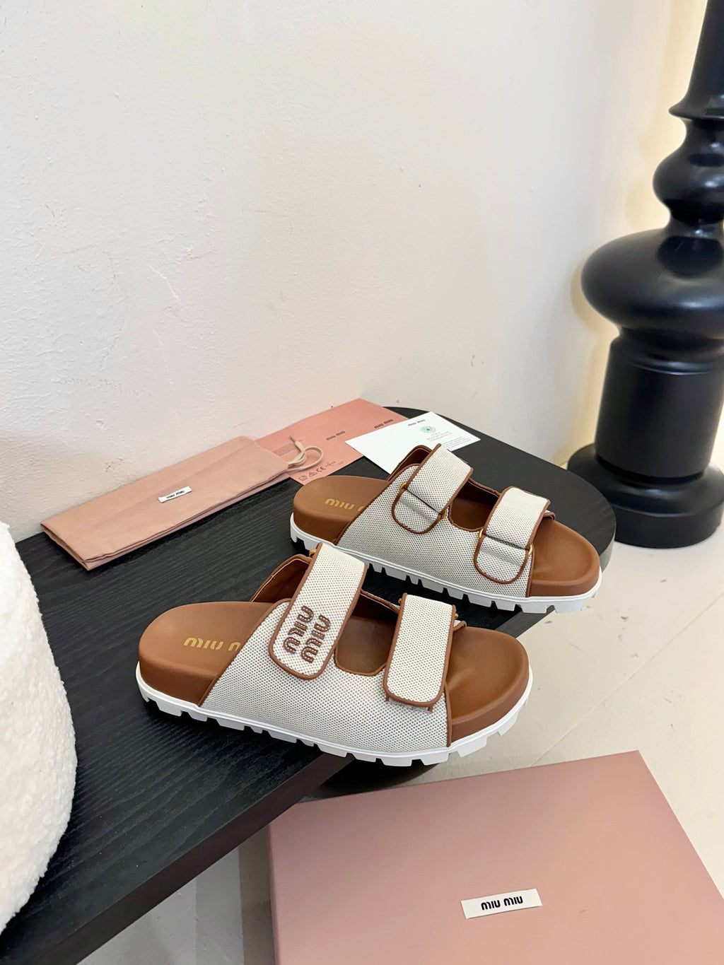 Beige/Brandy Canvas Slides
