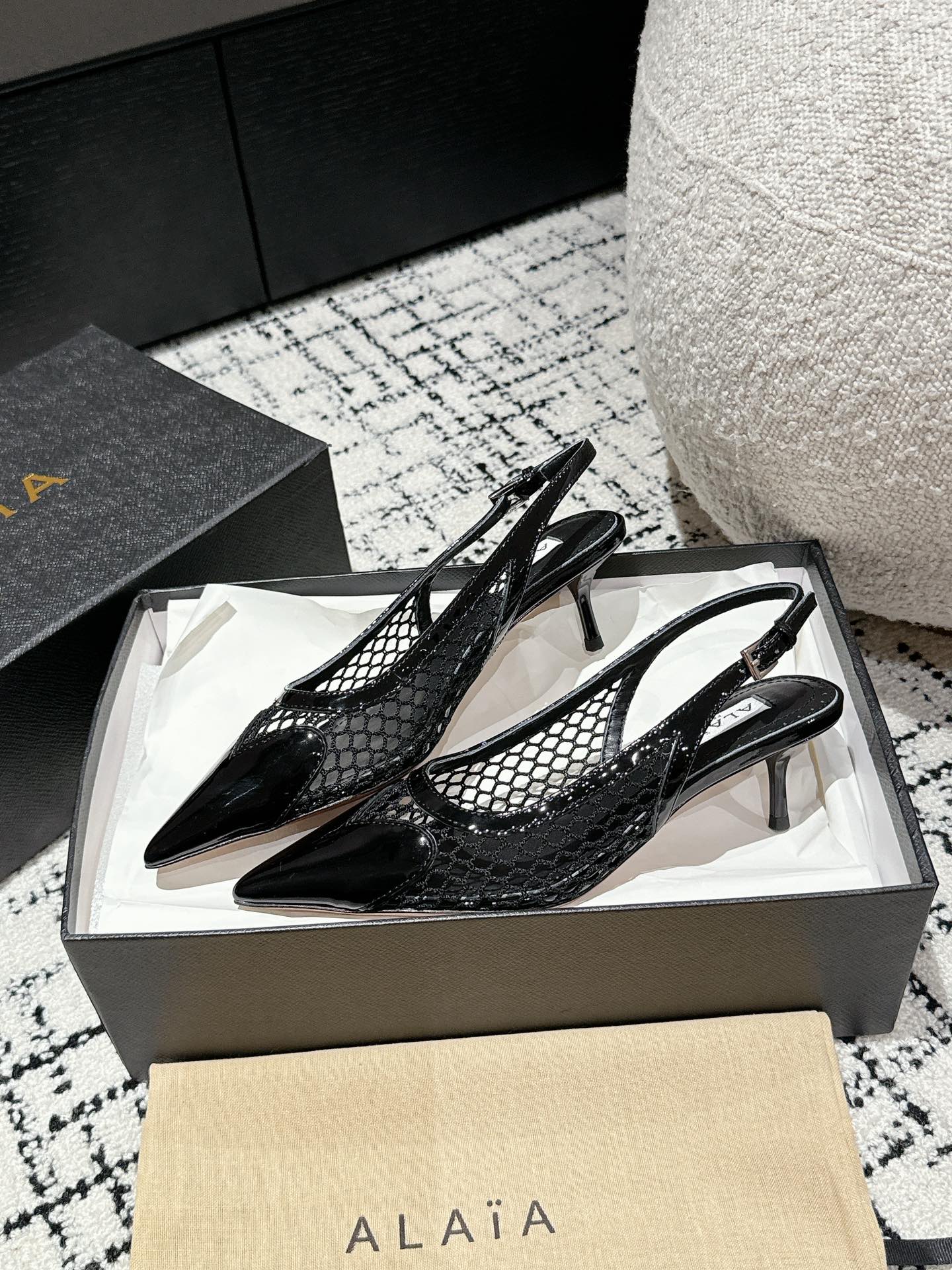 Black Le Coeur Slingbacks In Fishnet