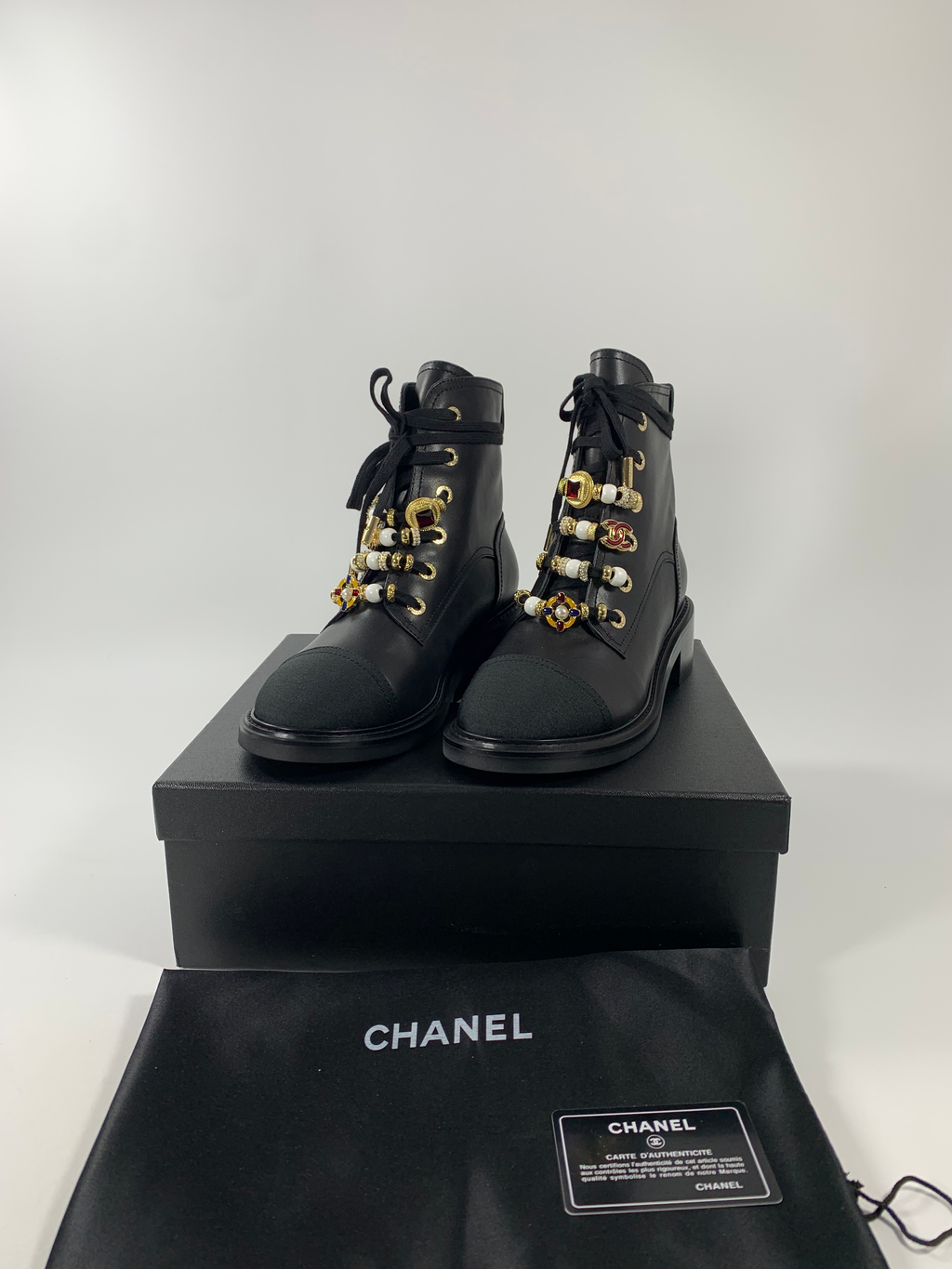 Leather, Grosgrain, Imitation Pearls, Strass & Metal Combat Boots