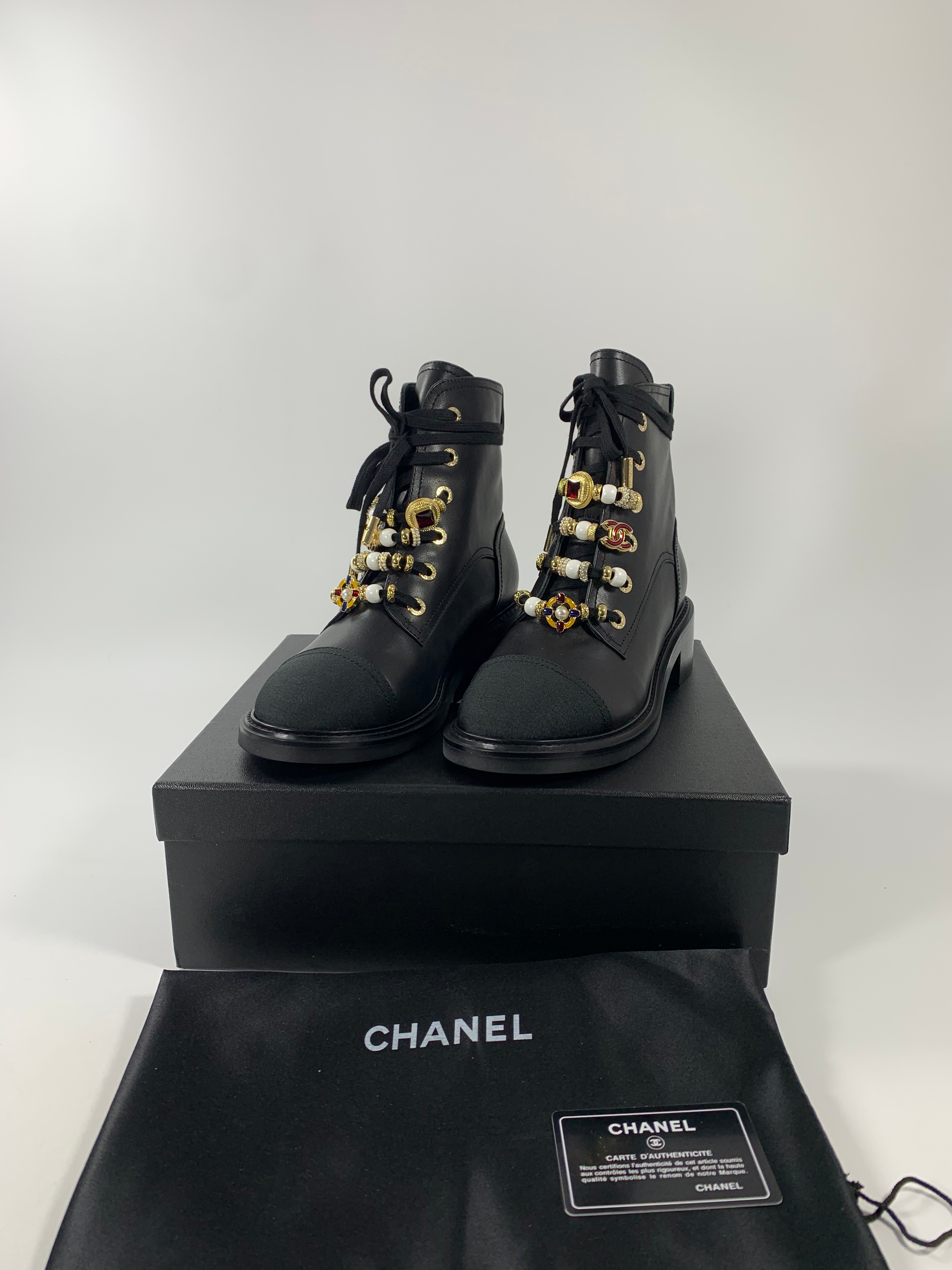 Leather, Grosgrain, Imitation Pearls, Strass & Metal Combat Boots