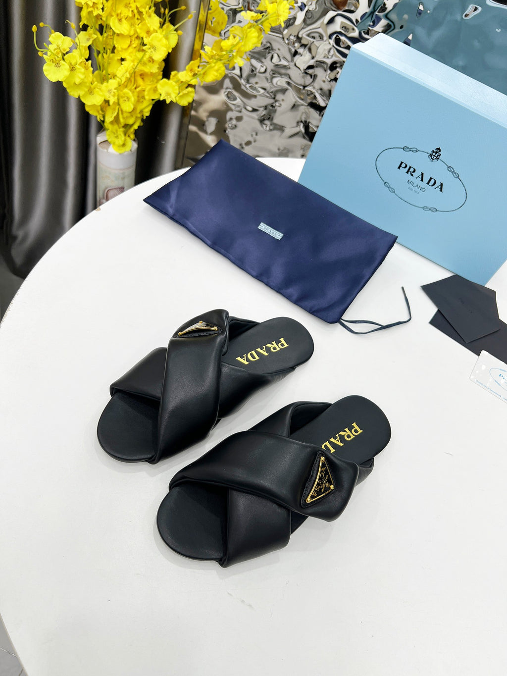 Black Padded Leather Slides