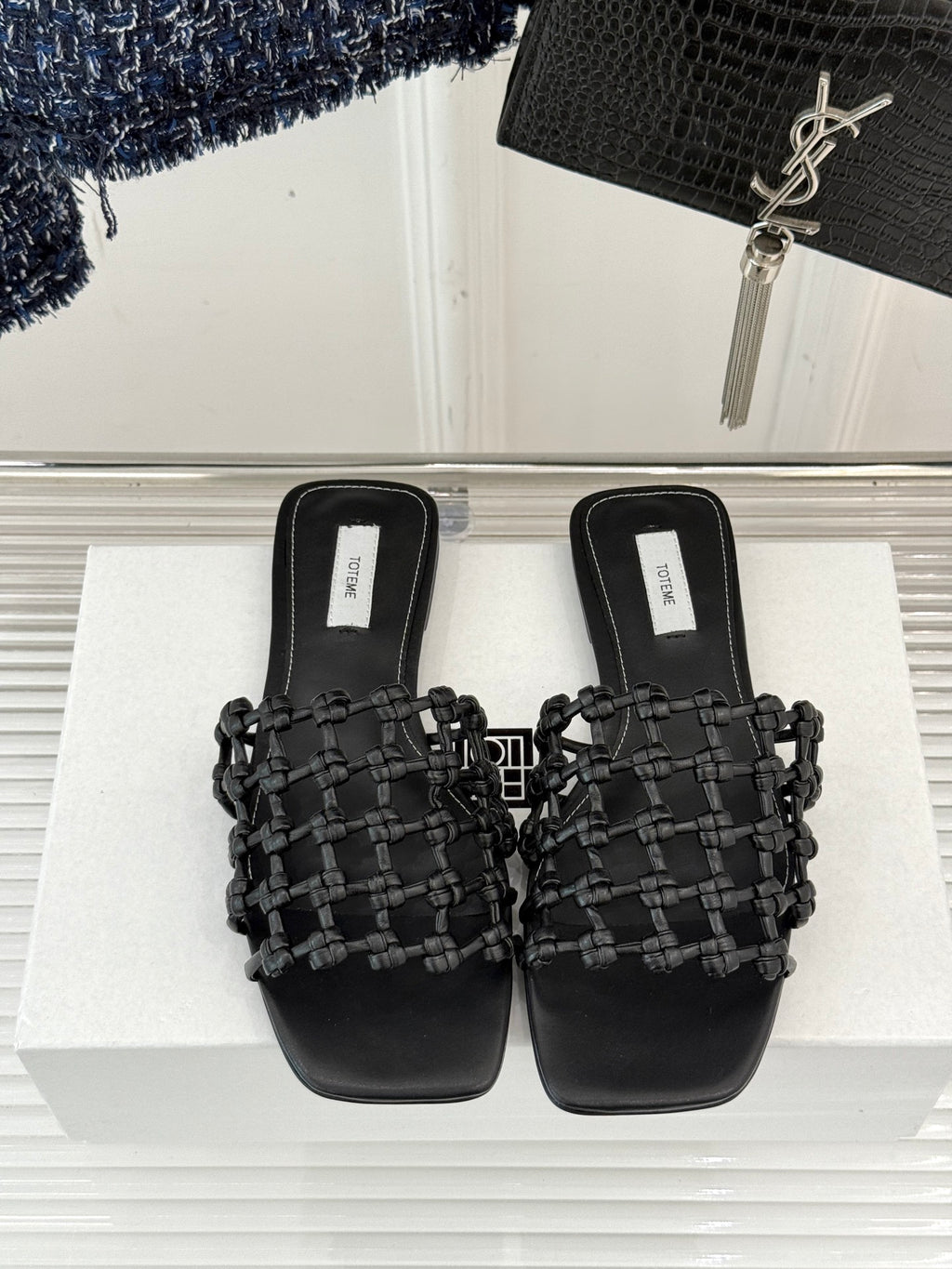 Black Braided-Leather Bandeau Slides
