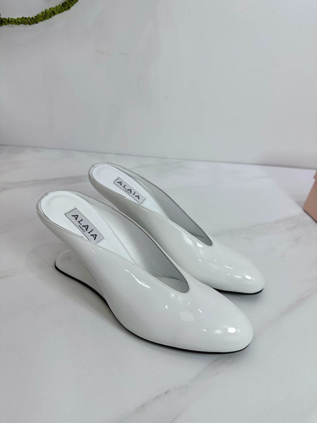 White Curve Wedge Mules