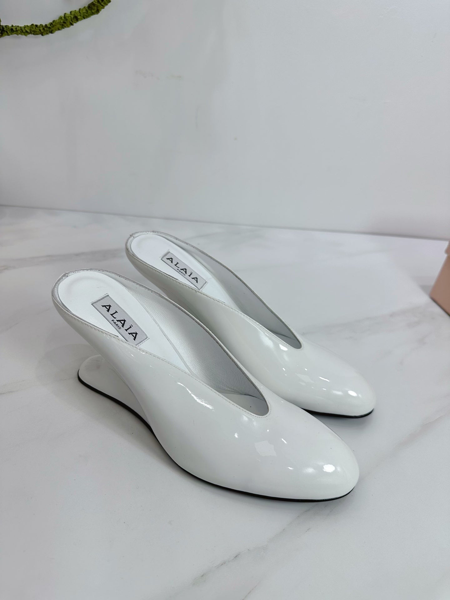 White Curve Wedge Mules