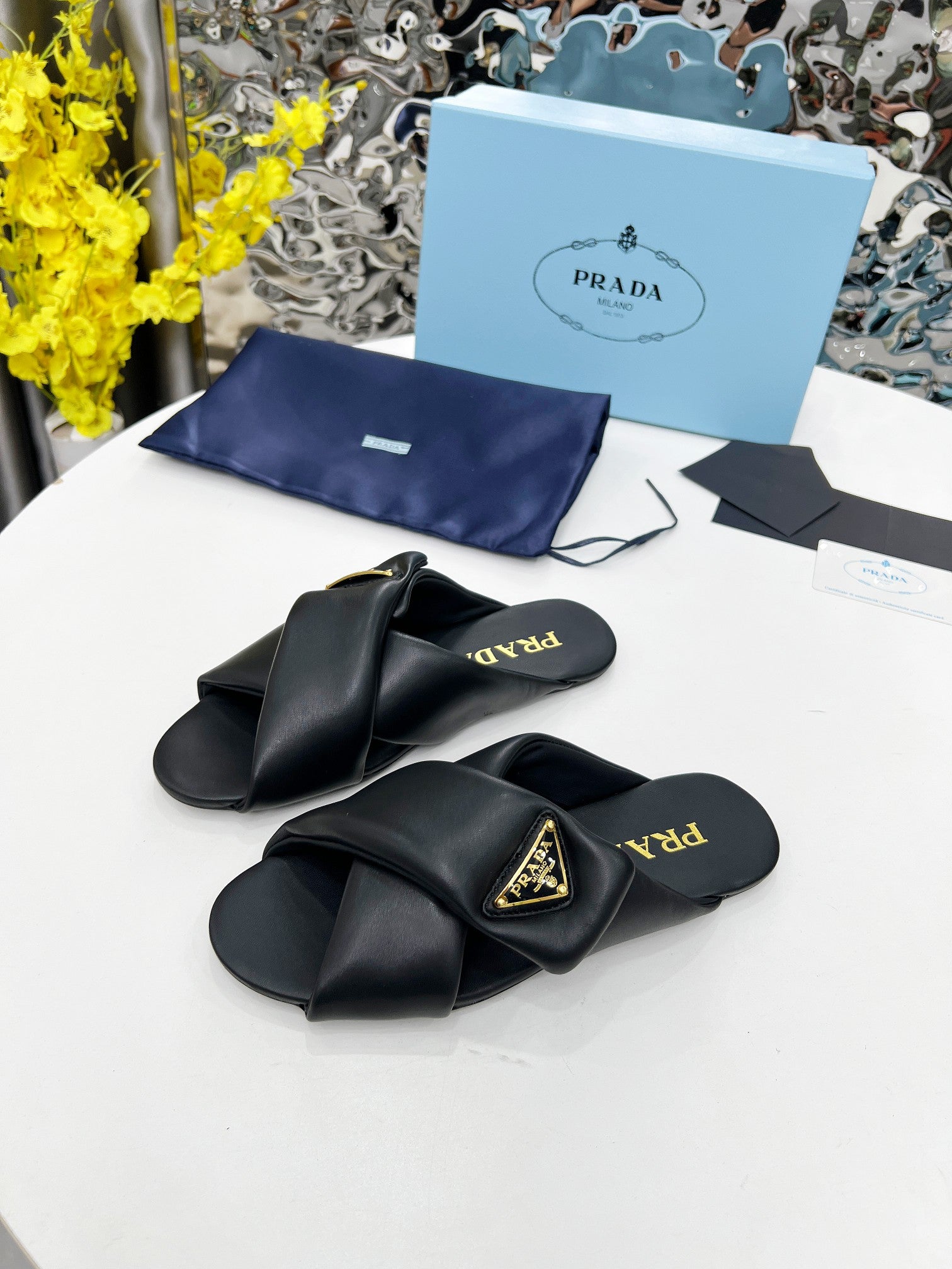 Black Padded Leather Slides
