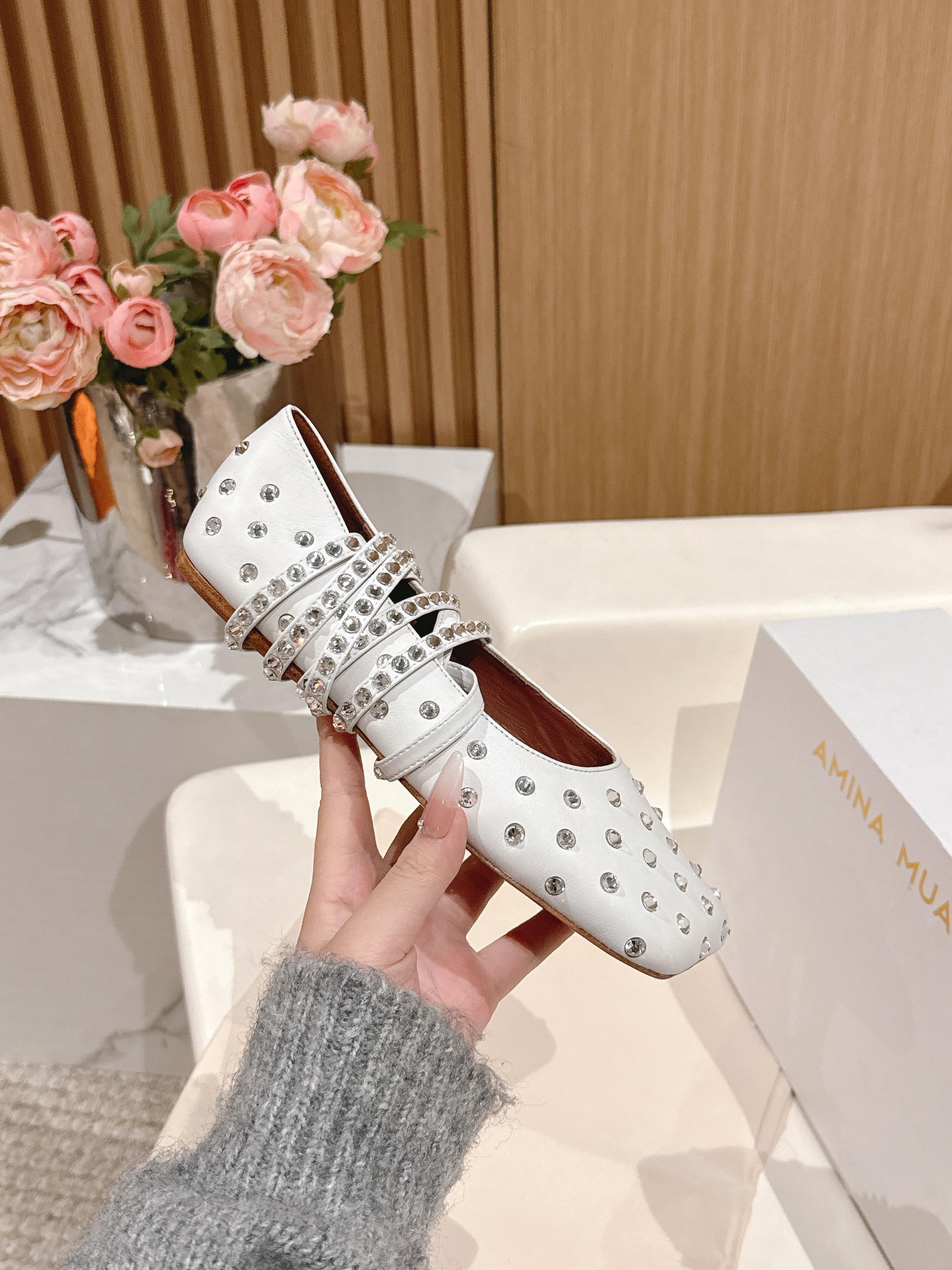 White Ane Embellished Leather Ballet Flats