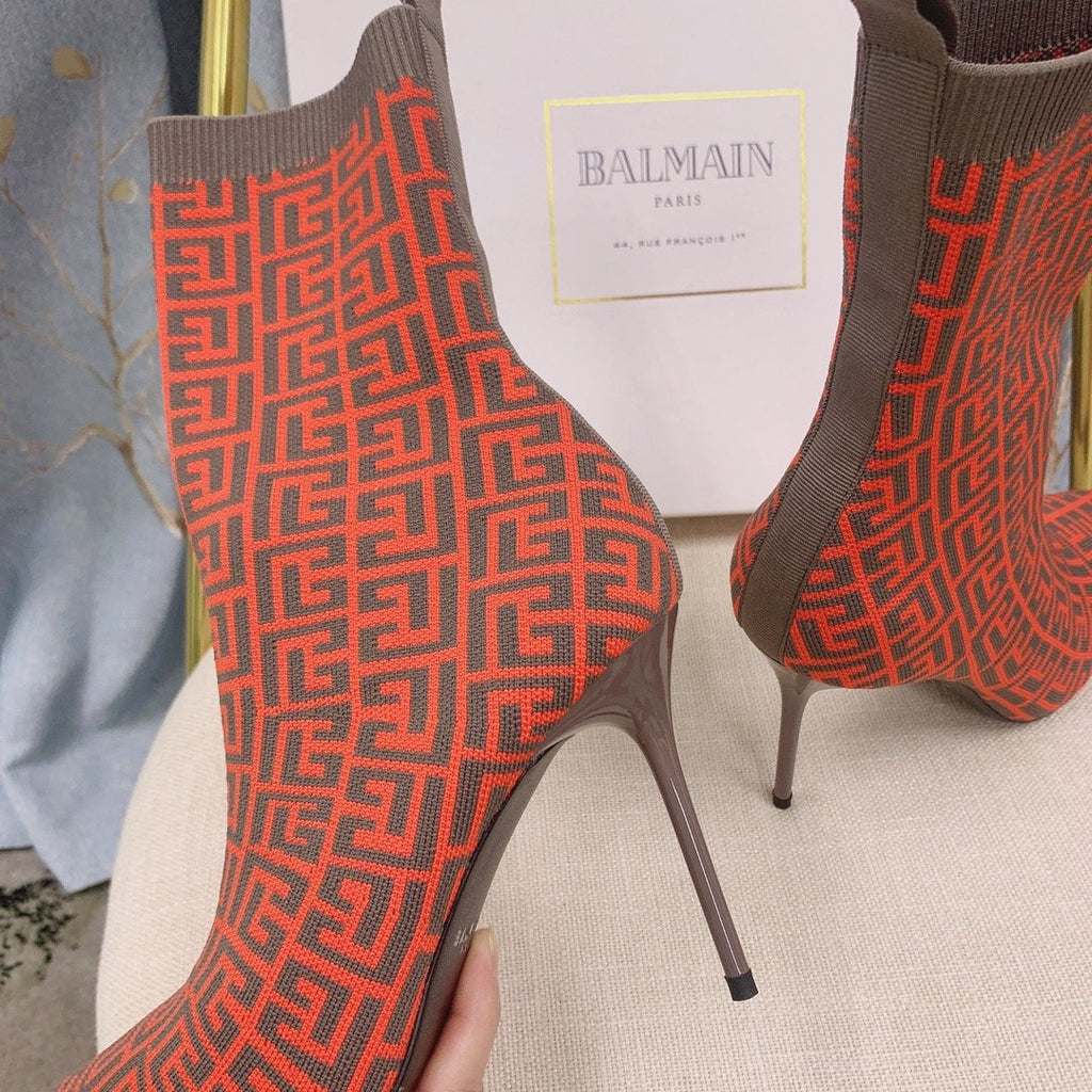 Orange BB stretch knit Skye ankle boots