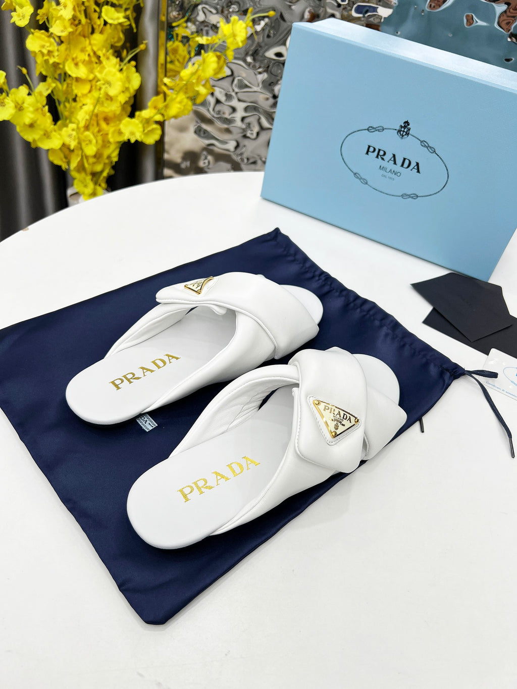 White Padded Leather Slides