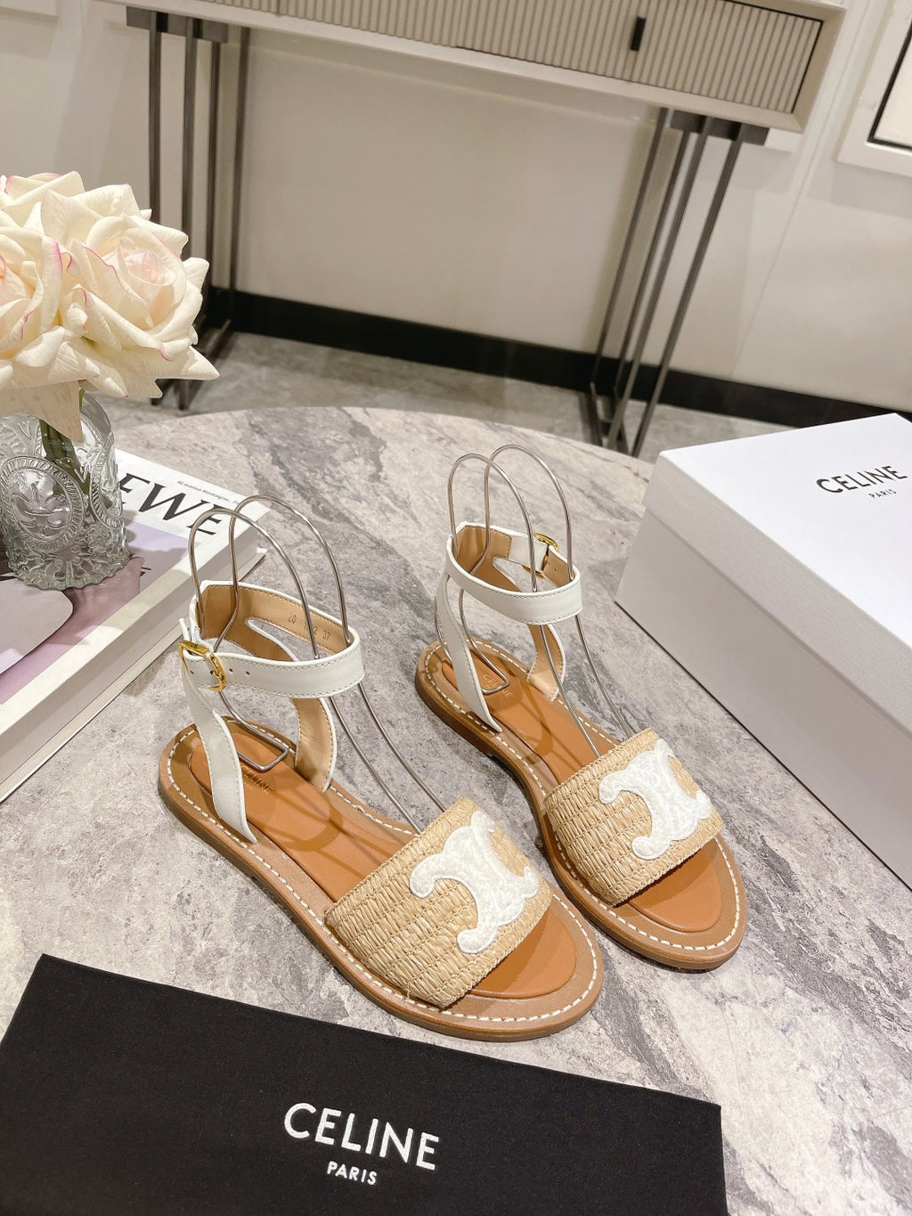 Beige & White CL Flat Strap Sandal