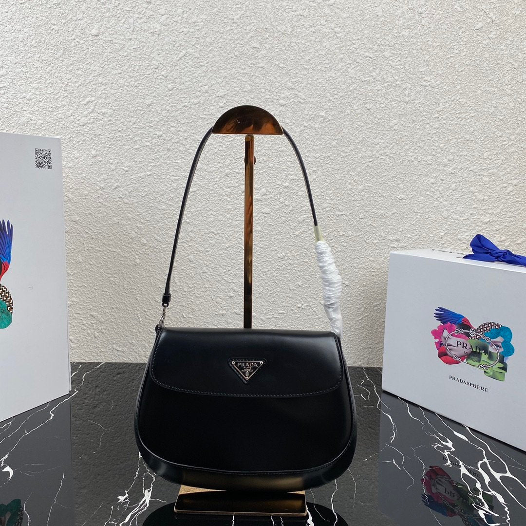 Black PC brushed leather shoulder bag with flap