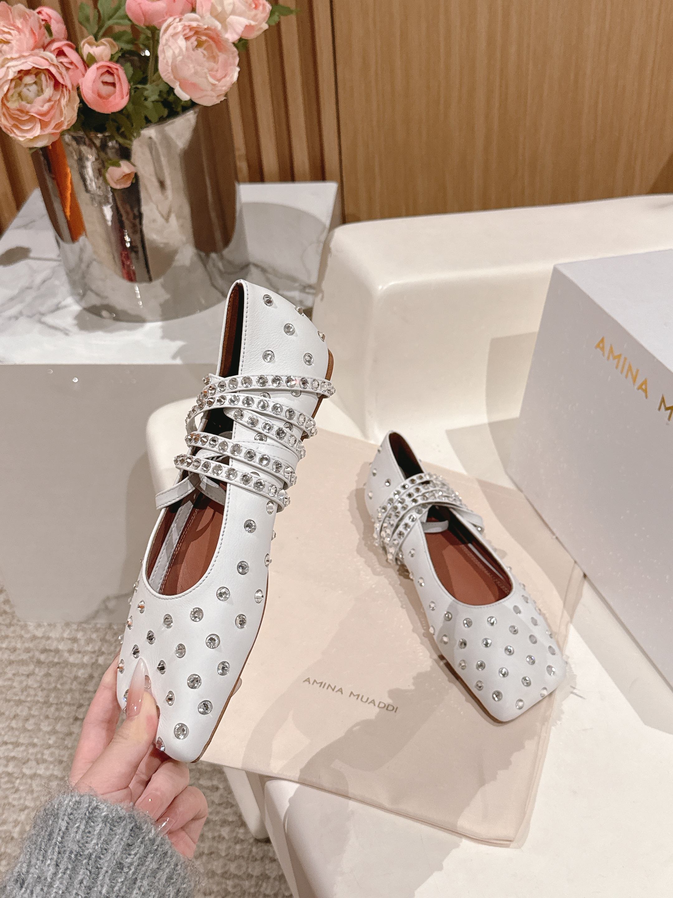 White Ane Embellished Leather Ballet Flats