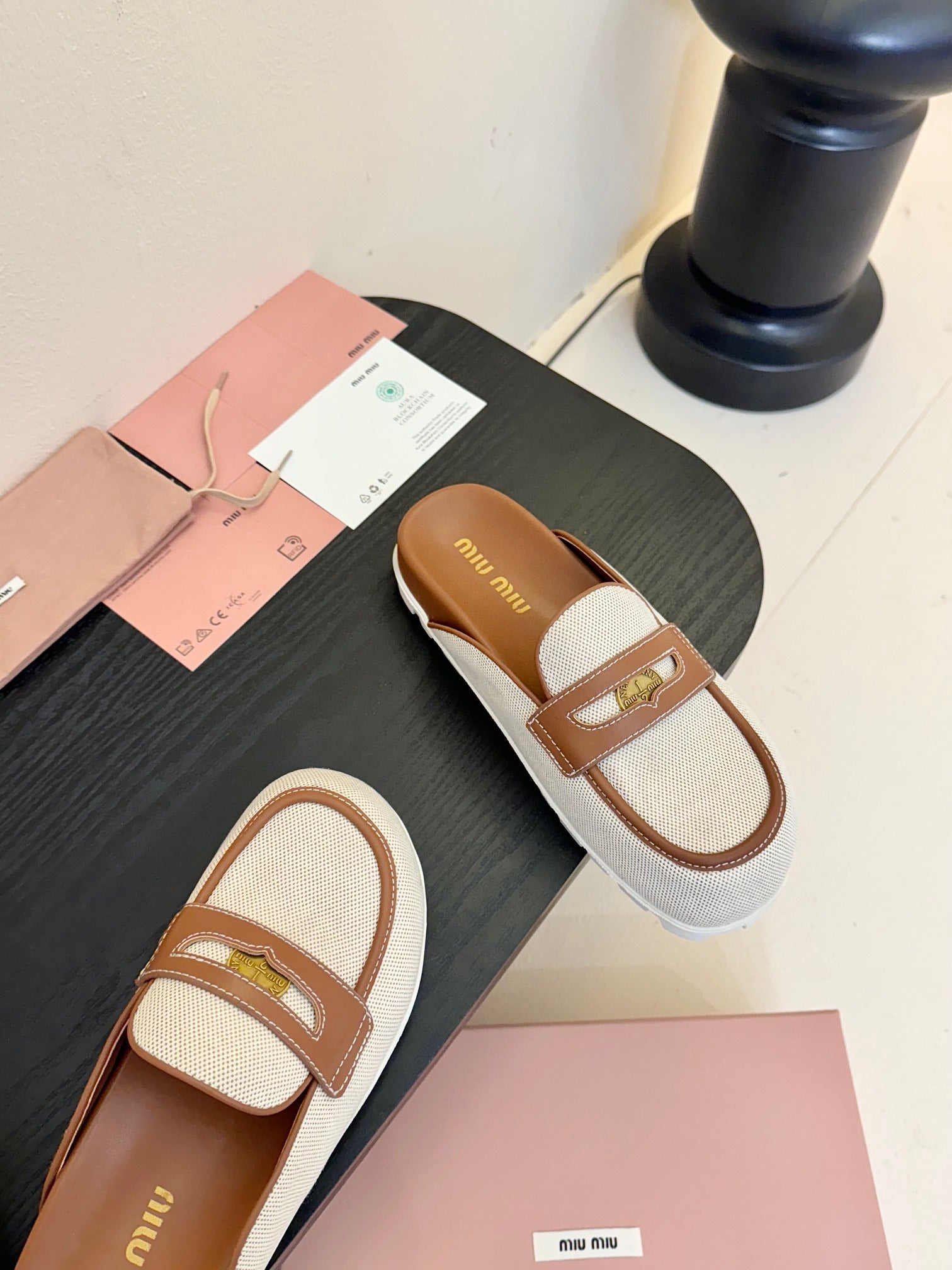 Beige/Brandy Canvas & Leather Mules