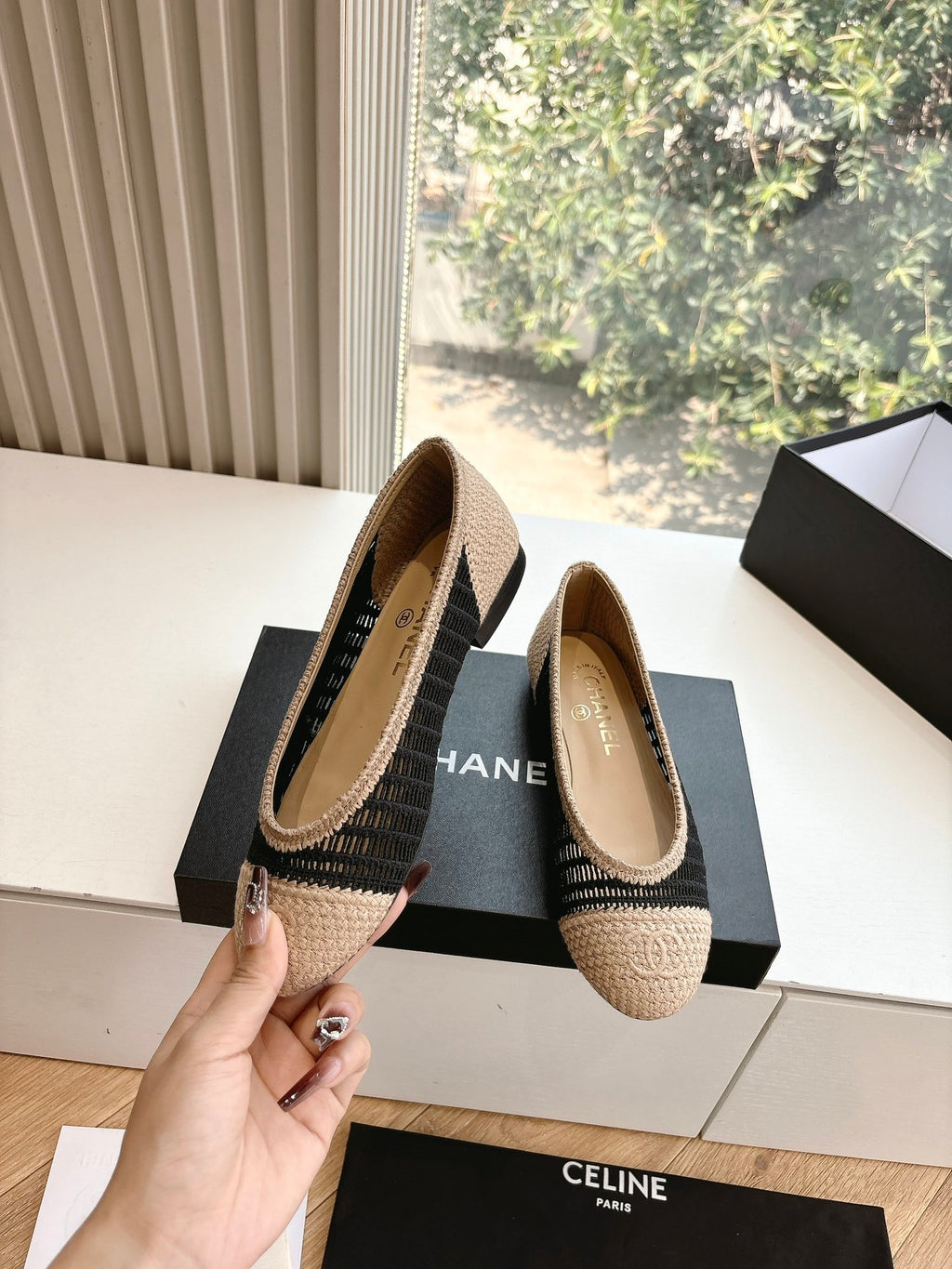 Black & Beige Raffia Ballet Flats