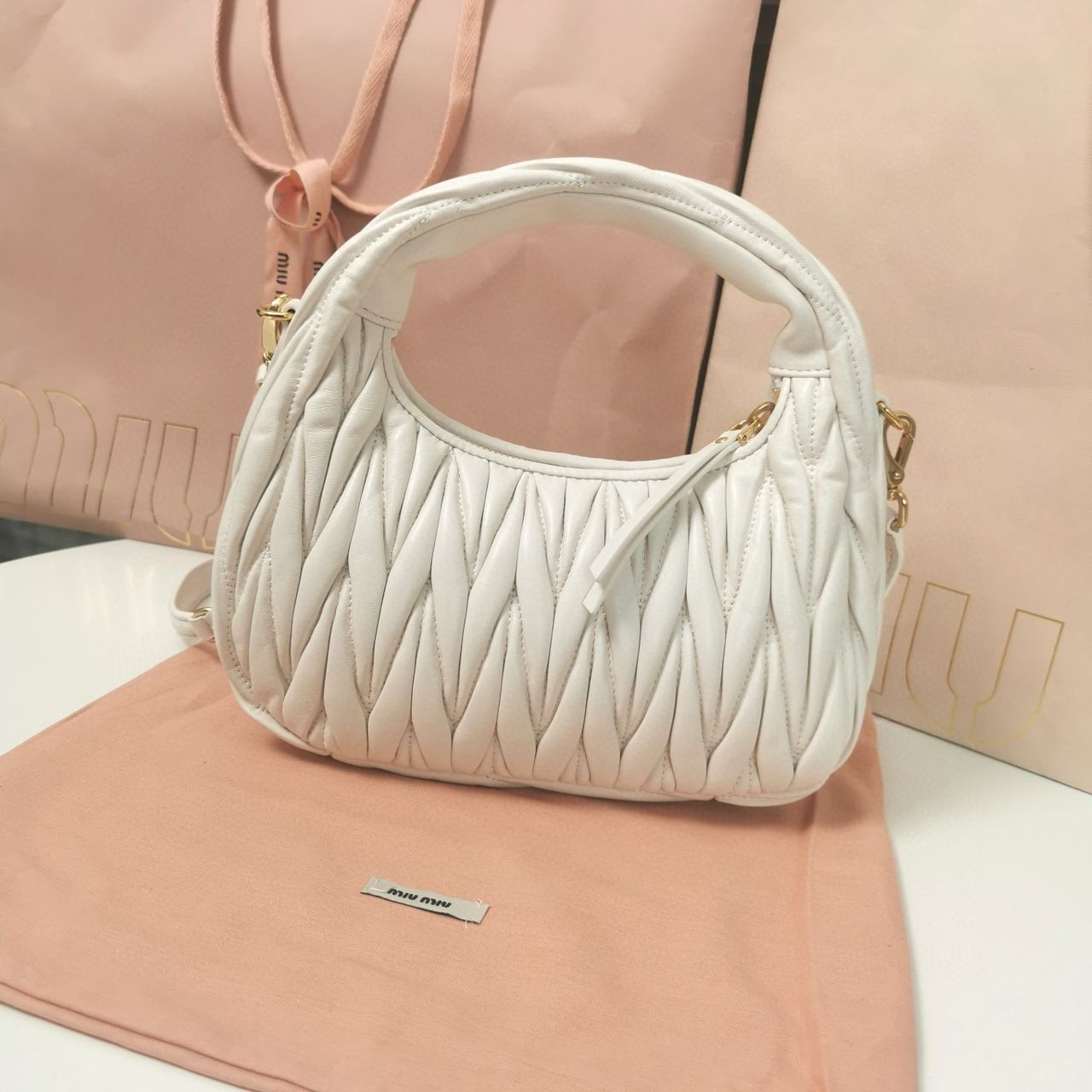 White Wander Matelassé Leather Small Hobo Bag