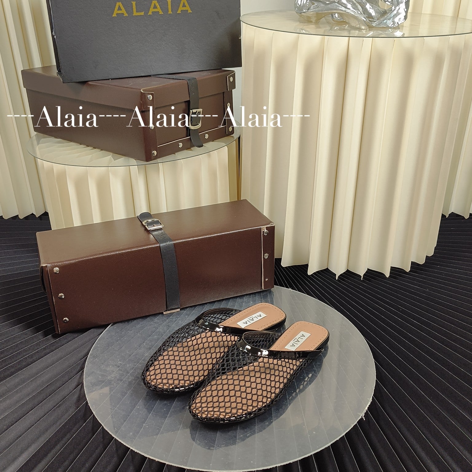 Black Flat Mules In Fishnet