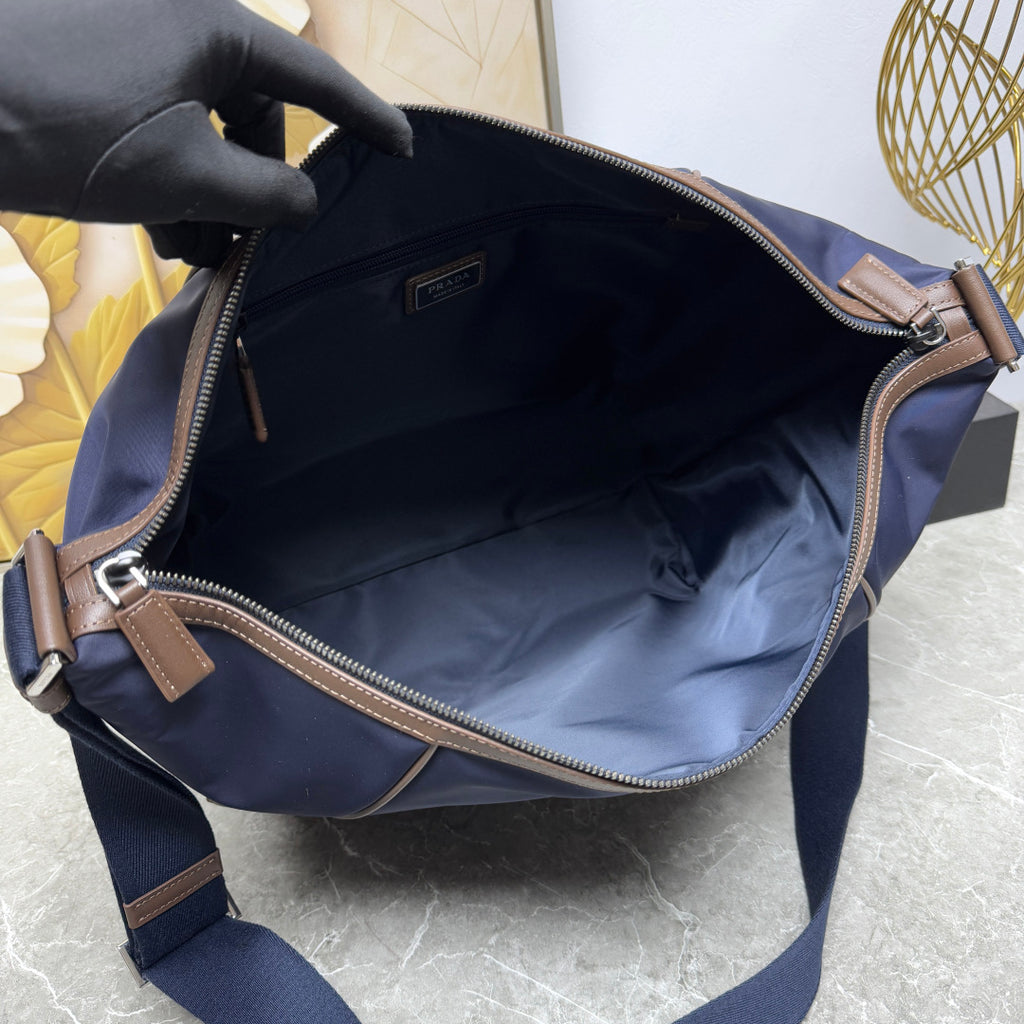 Blue/Coffee Re-Nylon & Leather Shoulder Bag