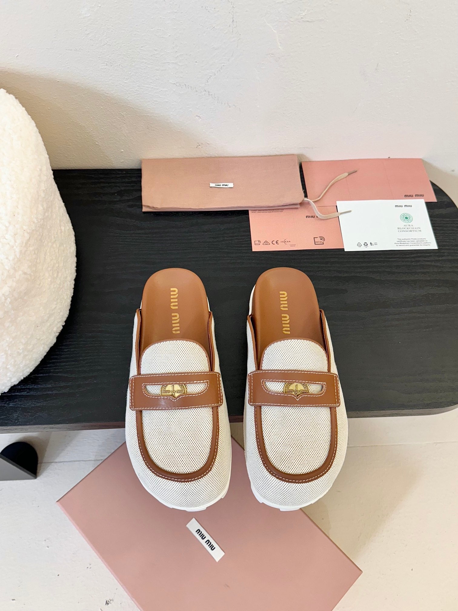 Beige/Brandy Canvas & Leather Mules