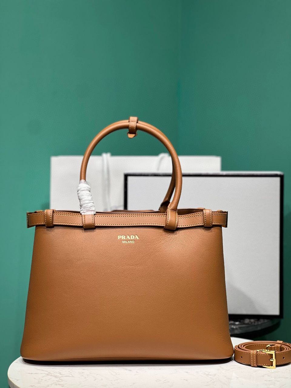 Caramel Buckle Medium Leather Handbag With Double Belt