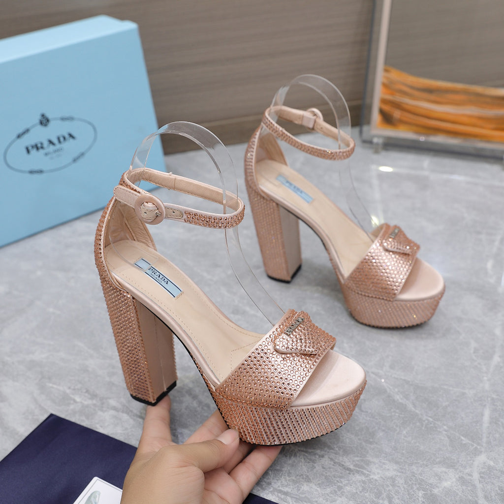 Nude Satin Platform Sandals With Crystals
