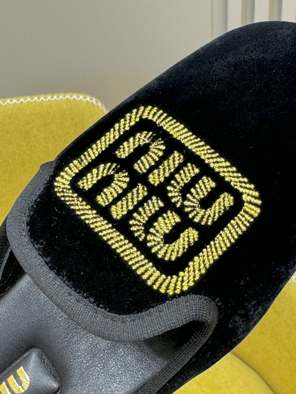 Black Velvet Slippers With Embroidered Logo
