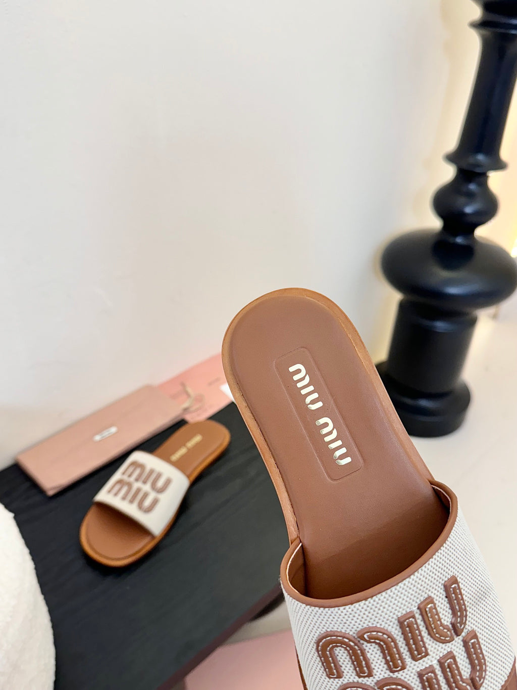 Beige/Brandy Canvas & Leather Slides