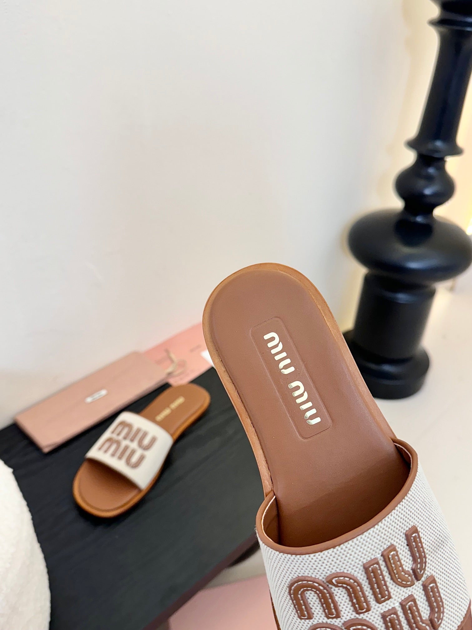 Beige/Brandy Canvas & Leather Slides