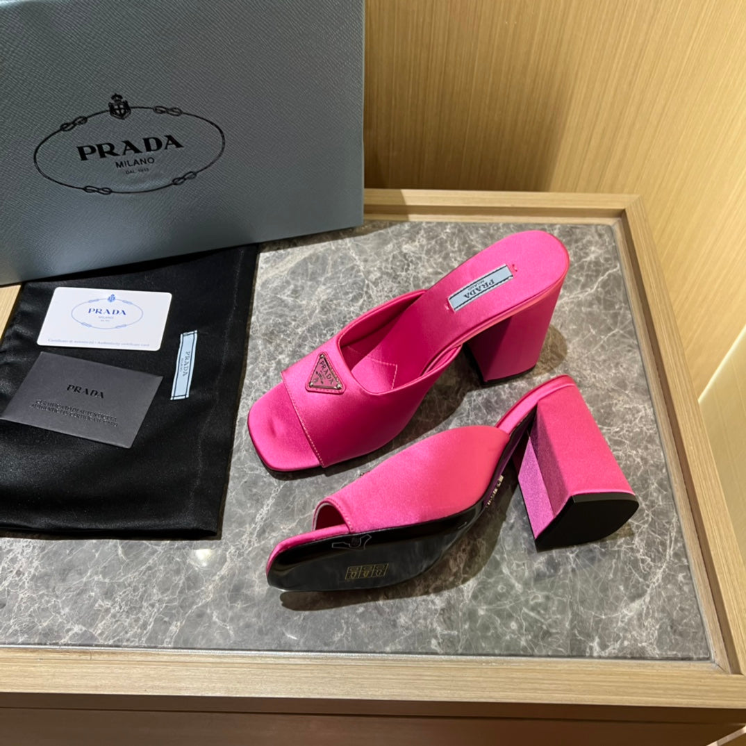 Pink High-heeled satin slides