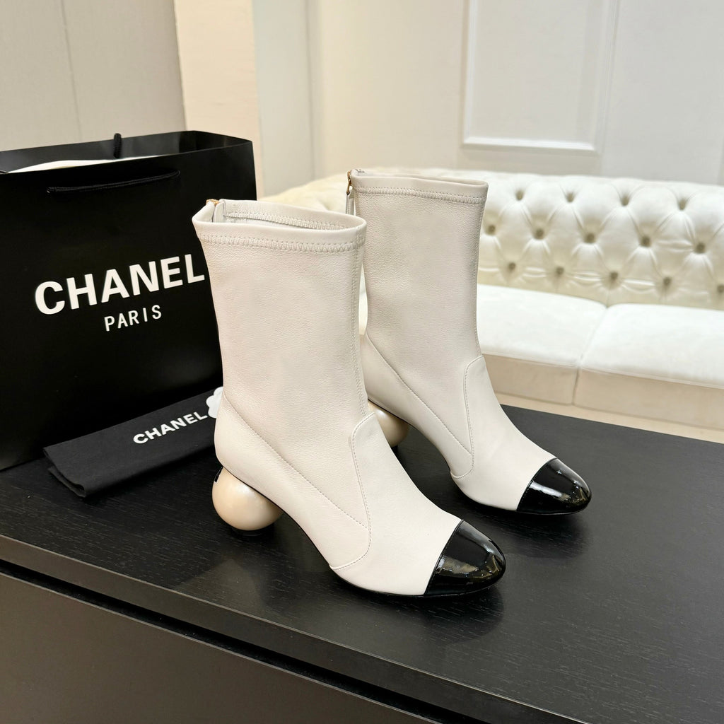 White & Black Stretch High Boots