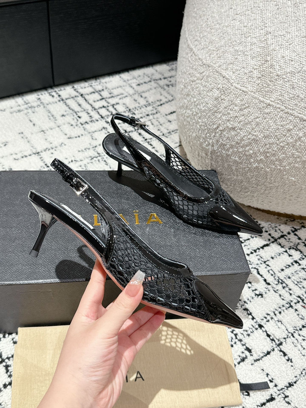 Black Le Coeur Slingbacks In Fishnet