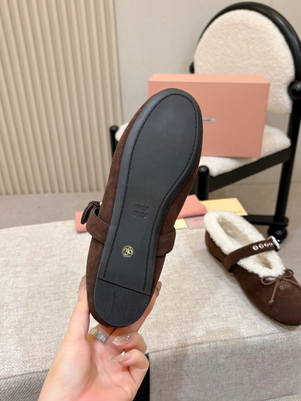 Dark Brown Suede And Shearling Ballerinas