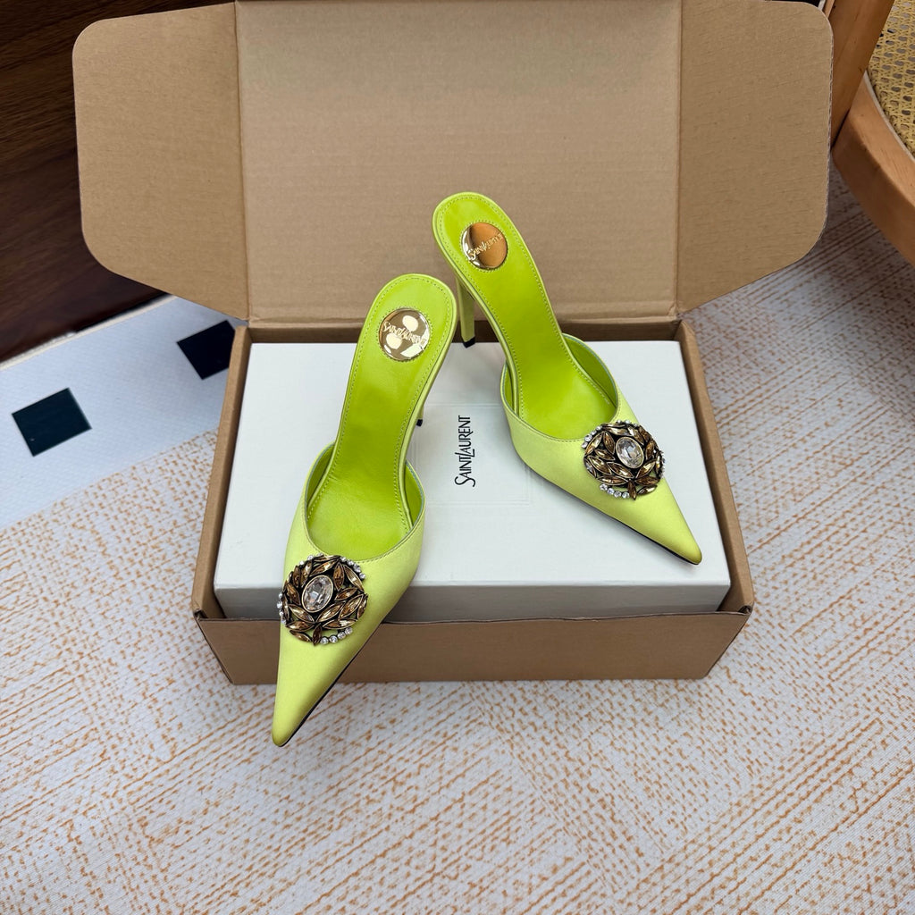 Lemon Green Cosmo Mules In Satin