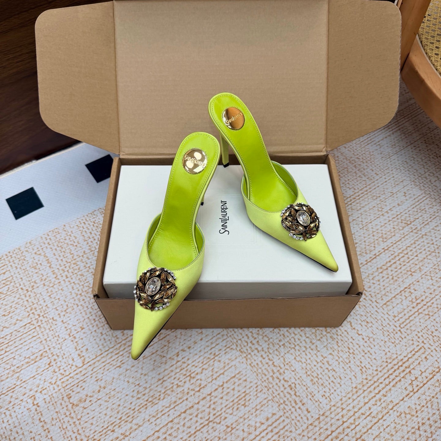 Lemon Green Cosmo Mules In Satin