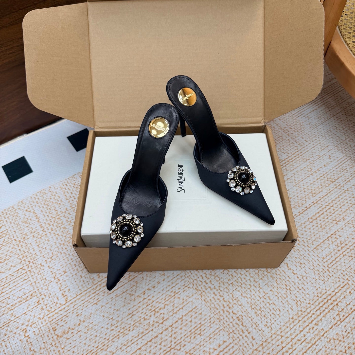 Black Cosmo Mules In Satin