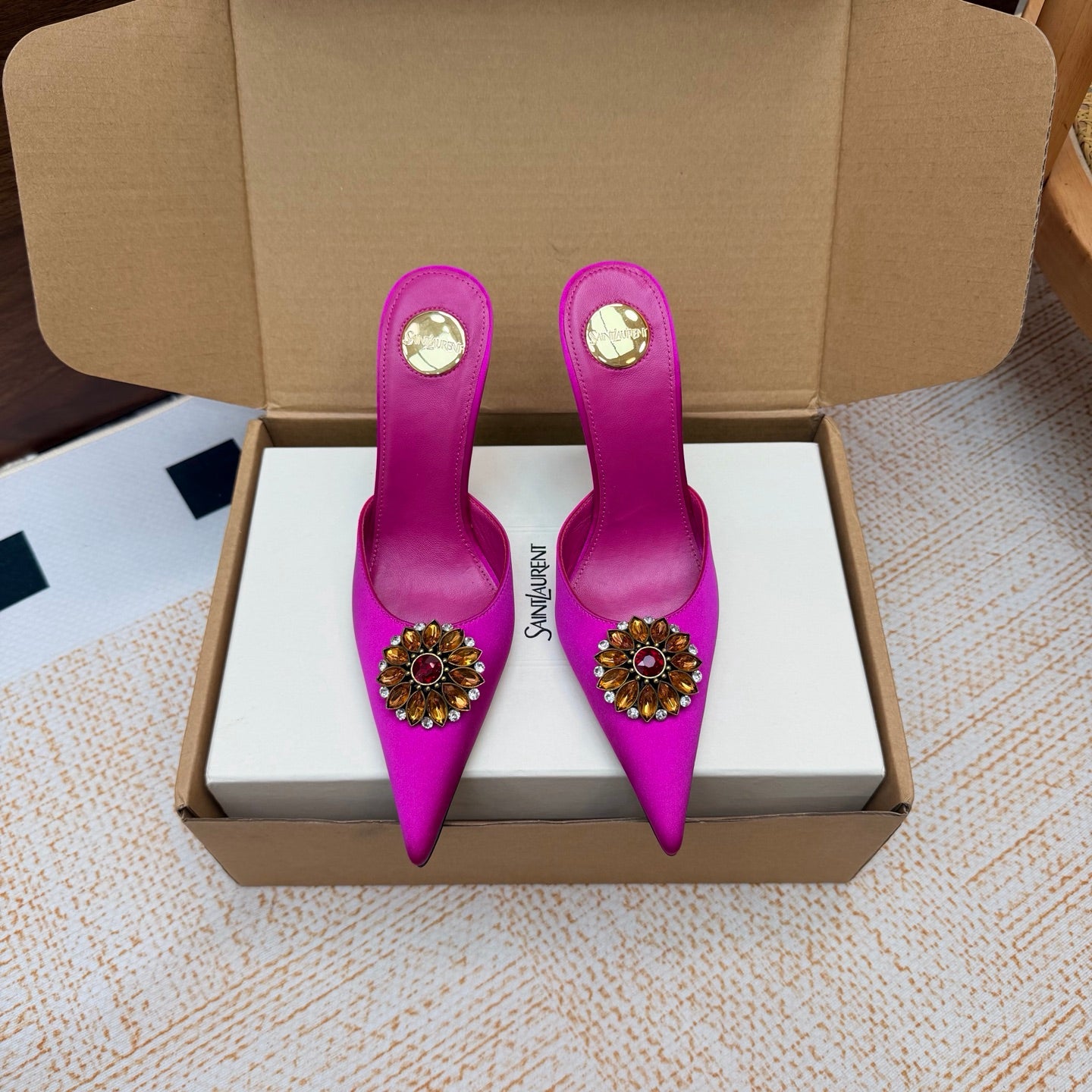 Smashed Prune Cosmo Mules In Satin