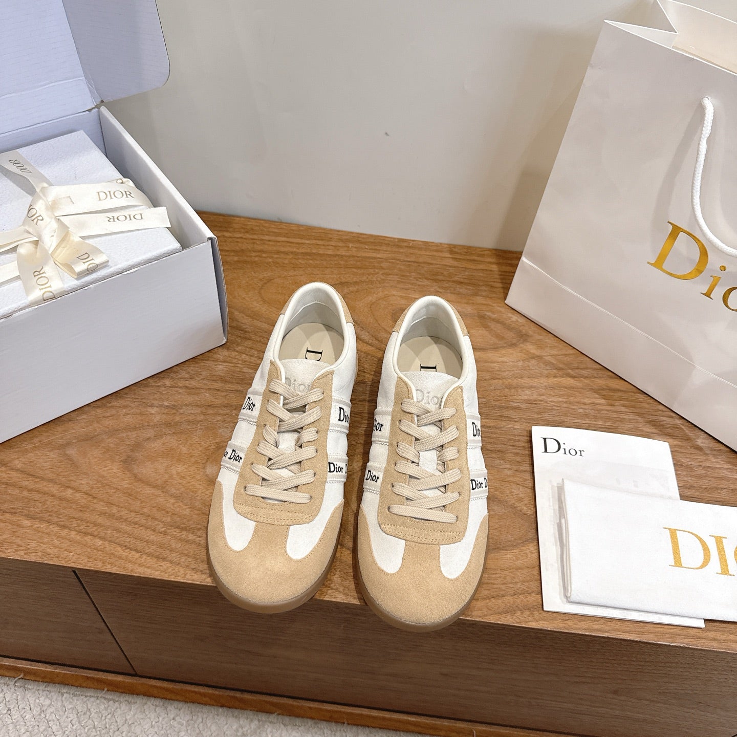White & Beige Suede Ribbon Sneaker