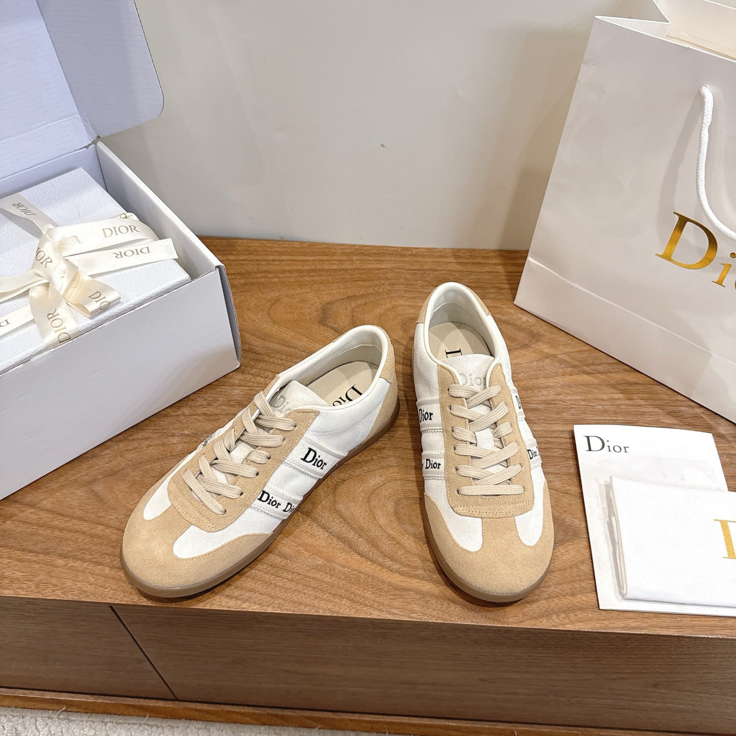 White & Beige Suede Ribbon Sneaker