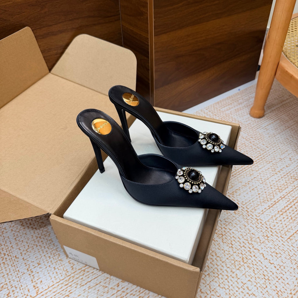 Black Cosmo Mules In Satin