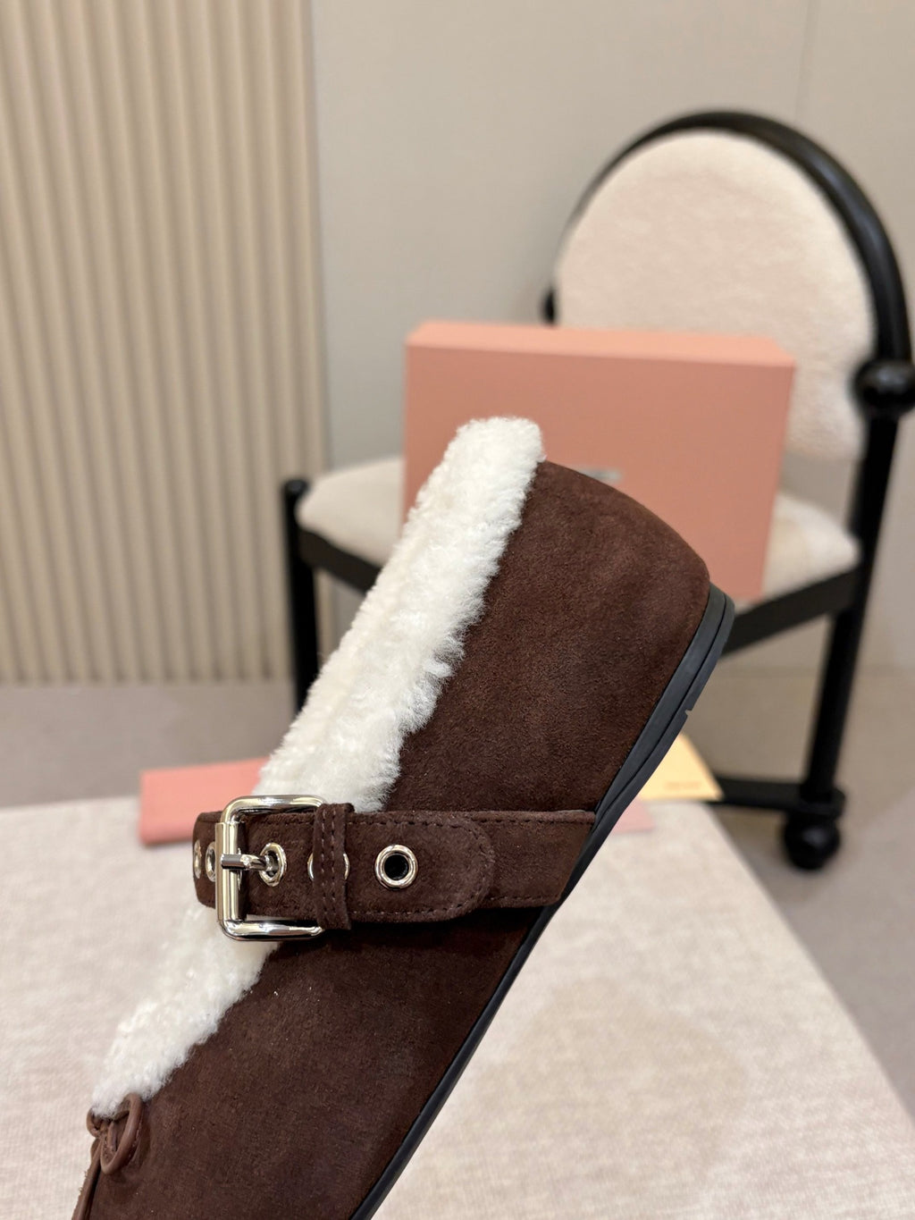 Dark Brown Suede And Shearling Ballerinas