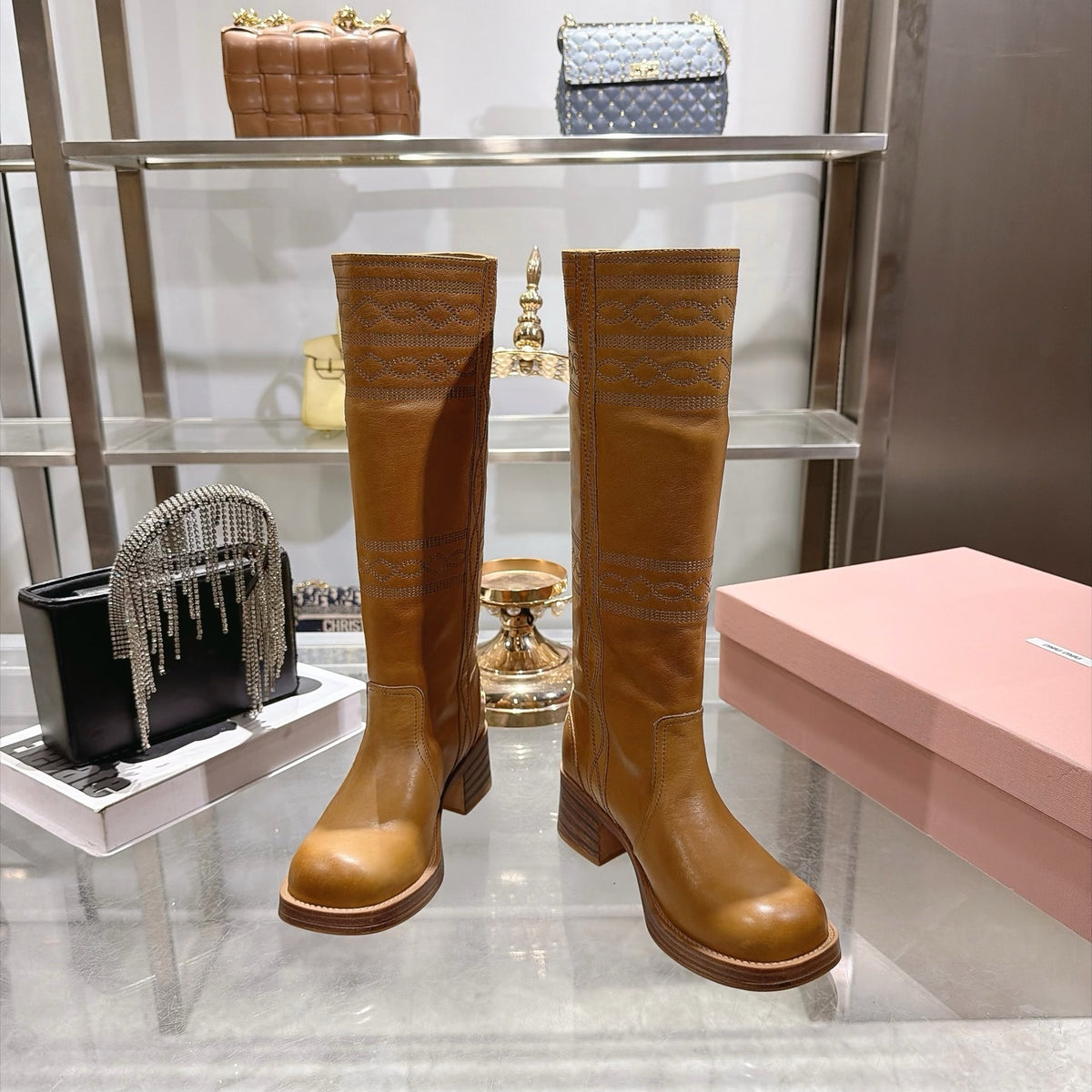 Light Tan Embroidered Leather Boots