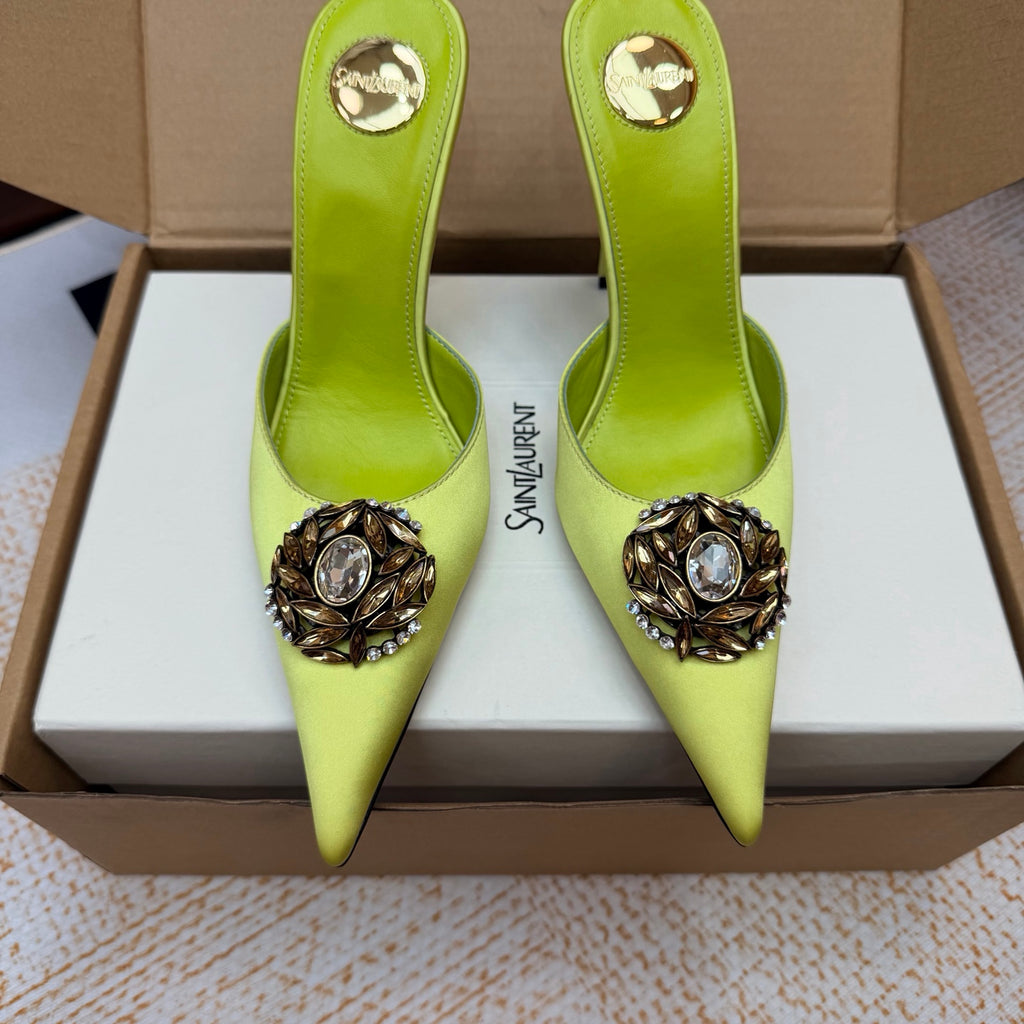 Lemon Green Cosmo Mules In Satin